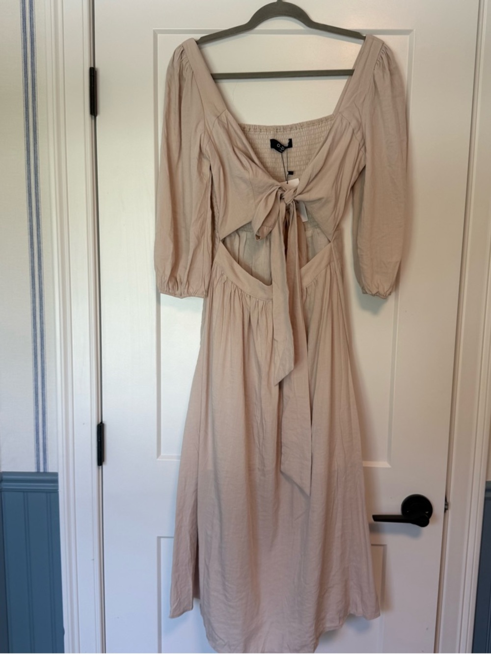 NEW!! o.p.t. Tie-Front Beige Midi Dress with Puff Sleeves